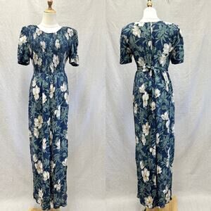 Vintage 90s smocked wide leg jumpsuit tropical floral print short sleeve size 10